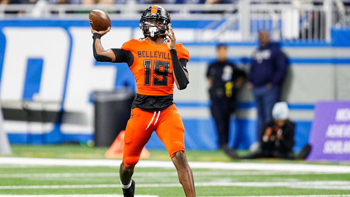 Belleville quarterback Bryce Underwood makes a pass against Southfield A&T during the first half of the Division 1 state final at Ford Field in Detroit on Sunday, Nov. 26, 2023.