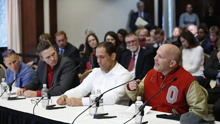 Victims of Dr. Richard Strauss, from right, Michael DiSabato, Mike Schyck, Brian Garrett and Stephen Snyder Hill during an Ohio State University Board of Trustees meeting at the Longaberger Alumni House on Nov. 16, 2018.

3feb9c7c 25b5 481a Bc5e 6a
