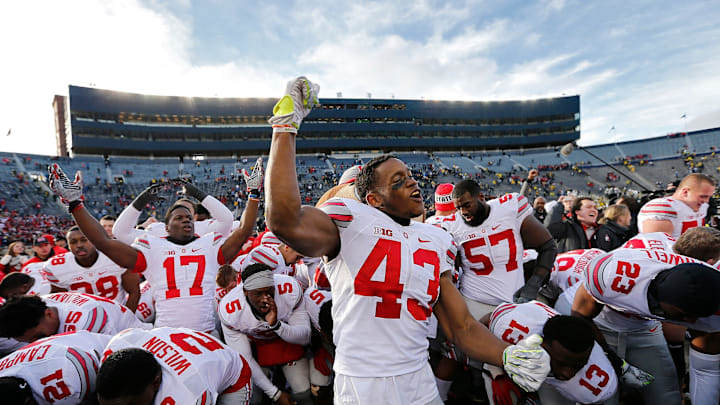 Ohio State Buckeyes linebacker Darron Lee (43) pumps his fist after singing Carmen Ohio following the 42-13 win over Michigan in the NCAA football game at Michigan Stadium in Ann Arbor on Nov. 28, 2015.