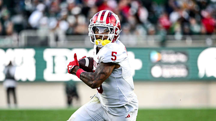 Indiana's Ke'Shawn Williams runs after a catch against Michigan State during the third quarter on Saturday, Nov. 2, 2024, at Spartan Stadium in East Lansing.