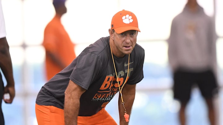 Clemson head coach Dabo Swinney during his 2025 football camp in Clemson, S.C. Tuesday, June 3, 2025.