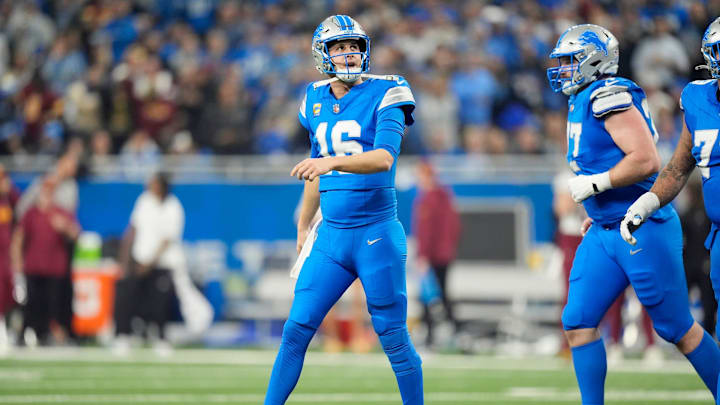 Detroit Lions quarterback Jared Goff (16) looks on after being sacked in the first quarter against the Washington Commanders in the NFC divisional round at Ford Field in Detroit on Saturday, Jan. 18, 2025.