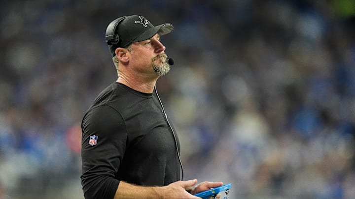 Detroit Lions head coach Dan Campbell watches a play against Washington Commanders during the first half of the NFC divisional round at Ford Field in Detroit on Saturday, Jan. 18, 2025.