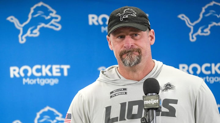 Detroit Lions head coach Dan Campbell speaks to members of the media at the Detroit Lions practice facility in Allen Park on Monday, Jan. 20, 2025, following his team’s NFC divisional playoff loss.
