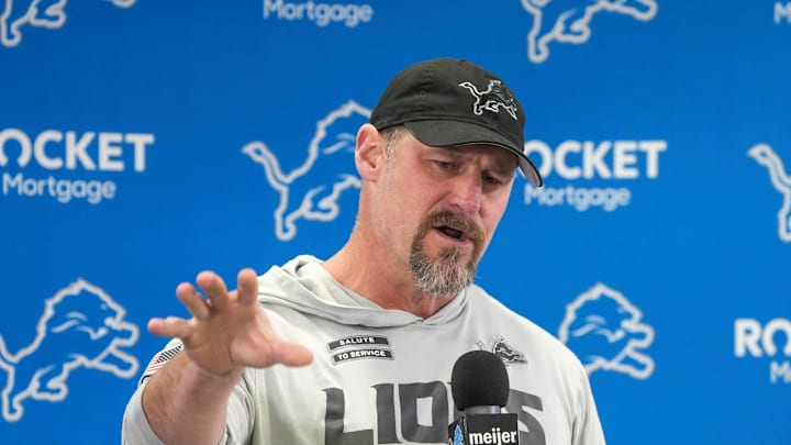 Detroit Lions head coach Dan Campbell speaks to members of the media at the Detroit Lions practice facility in Allen Park on Monday, Jan. 20, 2025, following his team’s NFC divisional playoff loss.