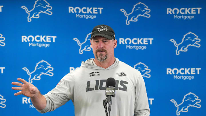 Detroit Lions head coach Dan Campbell speaks to members of the media at the Detroit Lions practice facility in Allen Park on Monday, Jan. 20, 2025, following his team’s NFC divisional playoff loss.