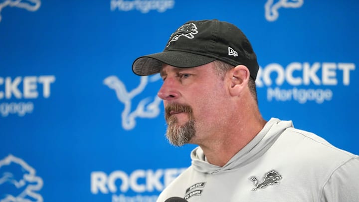 Detroit Lions head coach Dan Campbell speaks to members of the media at the Detroit Lions practice facility in Allen Park on Monday, Jan. 20, 2025, following his team’s NFC divisional playoff loss.