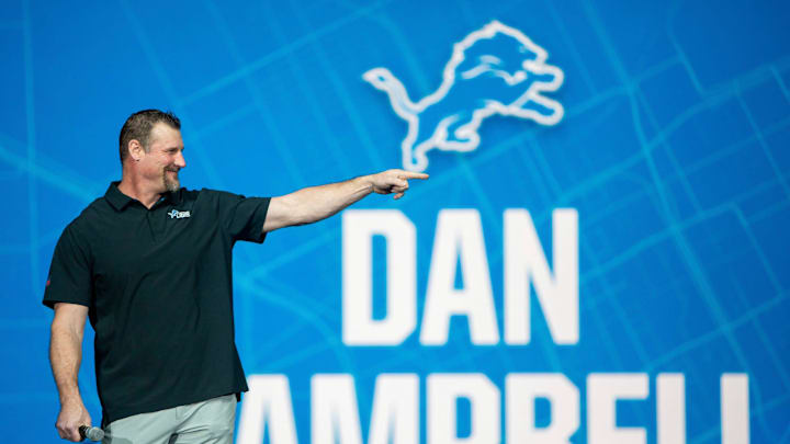 Head Coach Dan Campbell stands on stage during the Detroit Lions new uniform reveal event inside Ford Field in Detroit on Thursday, April 18, 2024.