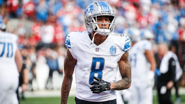 Detroit Lions receiver Josh Reynolds warms up before the NFC championship game against the San Francisco 49ers at Levi's Stadium in Santa Clara, Calif. on Sunday, Jan. 28, 2024.