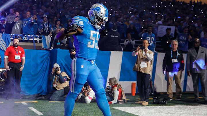 Detroit Lions linebacker Derrick Barnes runs out of the tunnel for player introductions before kickoff against the Tampa Bay Buccaneers in an NFC divisional round playoff game at Ford Field in Detroit on Sunday, Jan. 21, 2024.