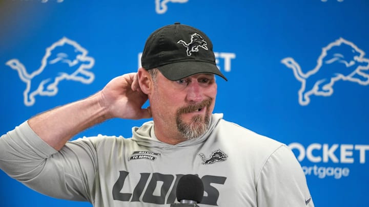 Detroit Lions head coach Dan Campbell speaks to members of the media at the Detroit Lions practice facility in Allen Park on Monday, Jan. 20, 2025, following his team’s NFC divisional playoff loss.