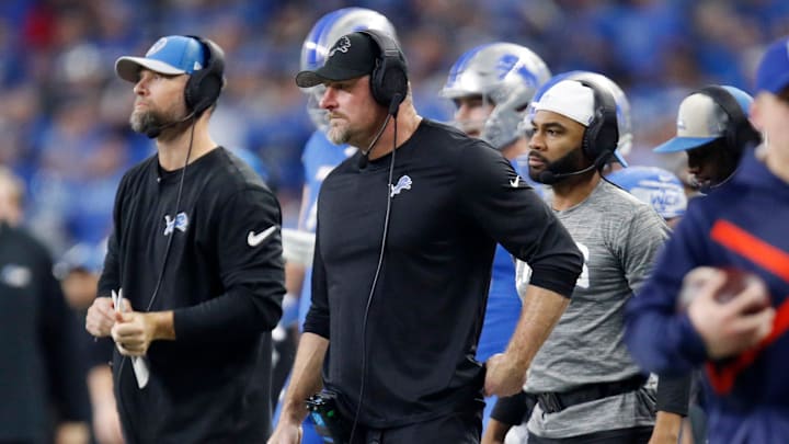 Detroit Lions head coach Dan Campbell watches from the sidelines during the first half against the L.A. Rams at Ford Field in Detroit on Sunday, Jan. 14, 2024.