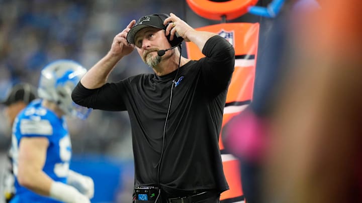 Detroit Lions head coach Dan Campbell watches from the sidelines in the first quarter against the Washington Commanders in the NFC divisional round at Ford Field in Detroit on Saturday, Jan. 18, 2025.