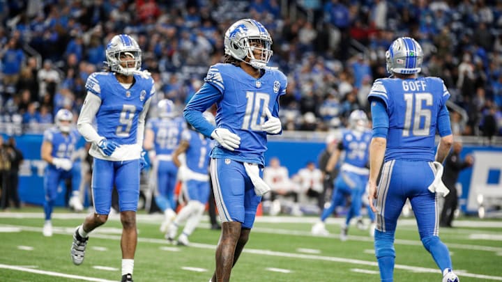 Lions quarterback Teddy Bridgewater warms up before the NFC divisional playoff game between the Lions and Buccaneers at Ford Field on Sunday, Jan, 21, 2024.
