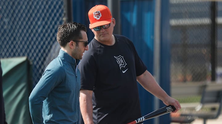 Detroit Tigers manager A.J. Hinch talks to general manager Jeff Greenberg during spring training at TigerTown in Lakeland, Fla. on Friday, Feb. 16, 2024.