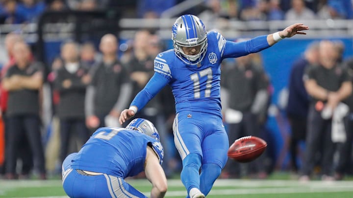 Detroit Lions place kicker Michael Badgley (17) attempts a field goal against Tampa Bay Buccaneers during the first half of the NFC divisional round at Ford Field in Detroit on Sunday, Jan. 21, 2024. Detroit Lions place kicker Michael Badgley (17) attempts a field goal against Tampa Bay Buccaneers during the first half of the NFC divisional round at Ford Field in Detroit on Sunday, Jan. 21, 2024.