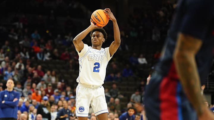 Mar 21, 2024; Omaha, NE, USA; Brigham Young Cougars guard Jaxson Robinson (2) looks to shoot against