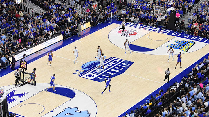 Dec 17, 2016; Las Vegas, NV, USA;  The Kentucky Wildcats and the North Carolina Tar Heels play during the CBS Sports Classic at T-Mobile Arena. Kentucky won the game 103-100. Mandatory Credit: Stephen R. Sylvanie-USA TODAY Sports