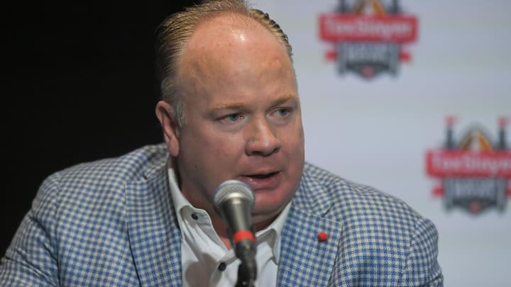 Kentucky Head Coach Mark Stoops talks with media at the TaxSlayer Gator Bowl Press Conference at EverBank Stadium in Jacksonville, Florida, Thursday, December 28, 2023.