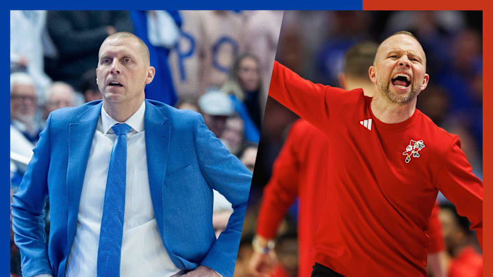 Kentucky basketball coach Mark Pope and Louisville basketball coach Pat Kelsey at the 2024 Battle of the Bluegrass game.