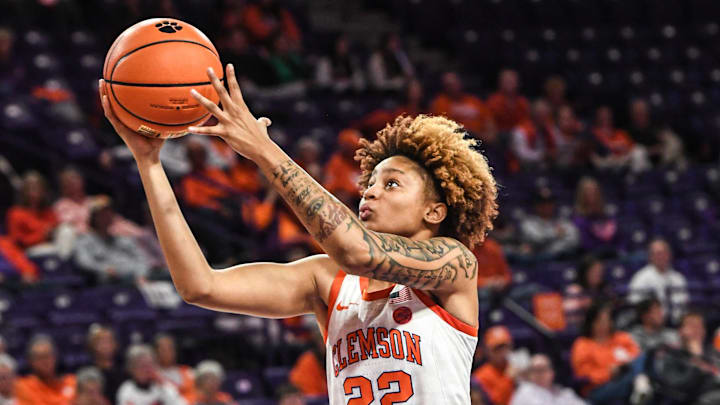 Mar 20, 2023; Clemson, South Carolina, USA; Clemson freshman guard Ruby Whitehorn (22) shoots