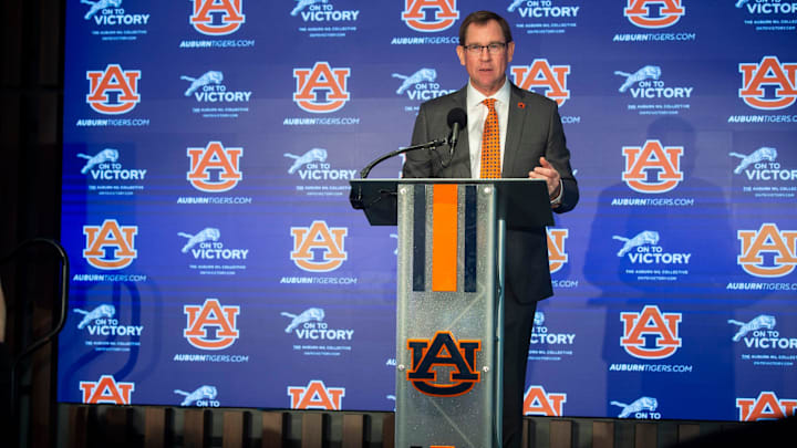 Auburn athletic director John Cohen introduces Auburn Tigers football coach Hugh Freeze at the Woltosz Football Performance Center in Auburn, Ala., on Tuesday, Nov. 29, 2022