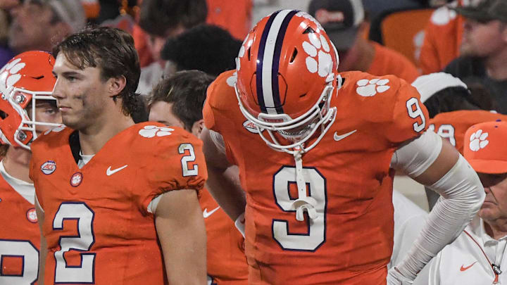 Nov 2, 2024; Clemson, South Carolina, USA; Clemson Tigers quarterback Cade Klubnik (2) and tight end Jake Briningstool (9) react during the fourth quarter against the Louisville Cardinals at Memorial Stadium. Mandatory Credit: Ken Ruinard-Imagn Images