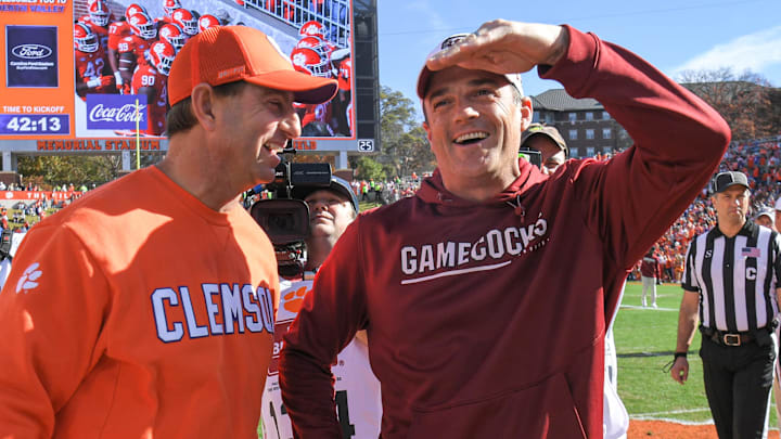South Carolina football coach Shane Beamer and Clemson Tigers headman Dabo Swinney before the Gamecocks' win over their rivals in 2022
