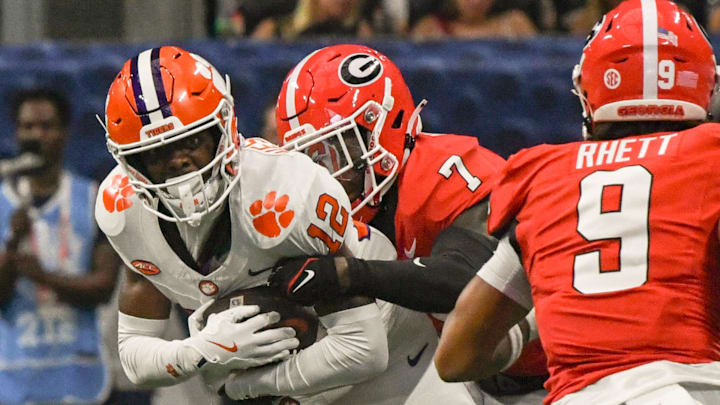 Georgia Bulldogs DB Daniel Harris making a tackle against Clemson as two South Carolina football rivals faced off in week 1