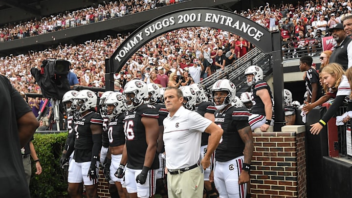 South Carolina Head Coach Shane Beamer and players ready to run on the field before playing Louisiana State University, during pregame at Williams-Brice Stadium in Columbia, S.C. Saturday, September 14, 2024.