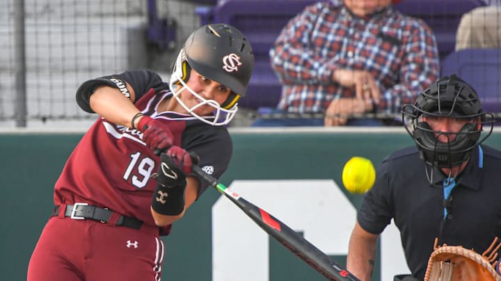 South Carolina senior Jen Cummings (19) hits a solo home run to put the Gamecocks ahead of Clemson 3-2 during the top of the third inning at McWhorter Stadium in Clemson Wednesday, March 20, 2024.