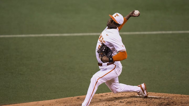 Texas pitcher Lebarron Johnson Jr. (57) pitches as the Longhorns play at UFCU Disch Falk
