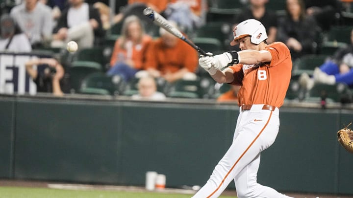 Texas outfielder Will Gasparin (8) bats as the Longhorns play Houston Christian at UFCU Disch-Falk Field.