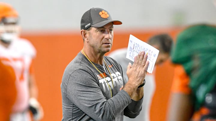 Clemson head coach Dabo Swinney during Spring football practice at the Poe Indoor Practice Facility