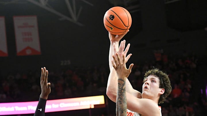 Dec 6, 2023; Clemson, South Carolina, USA; Clemson junior forward PJ Hall (24) makes a shot near