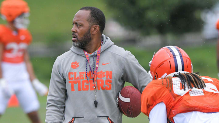 Clemson corner backs coach Mike Reed during preseason practice in Jervey Meadows in Clemson, S.C.