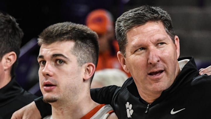 Dec 22, 2023; Clemson, South Carolina, USA; Clemson graduate Joseph Girard III and Head Coach Brad Brownell.
