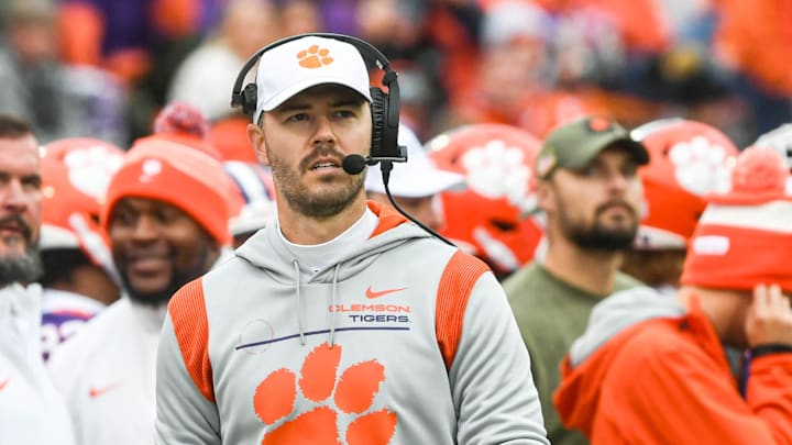 Nov 11, 2023; Clemson, South Carolina, USA; Clemson Tigers offensive coordinator Garrett Riley