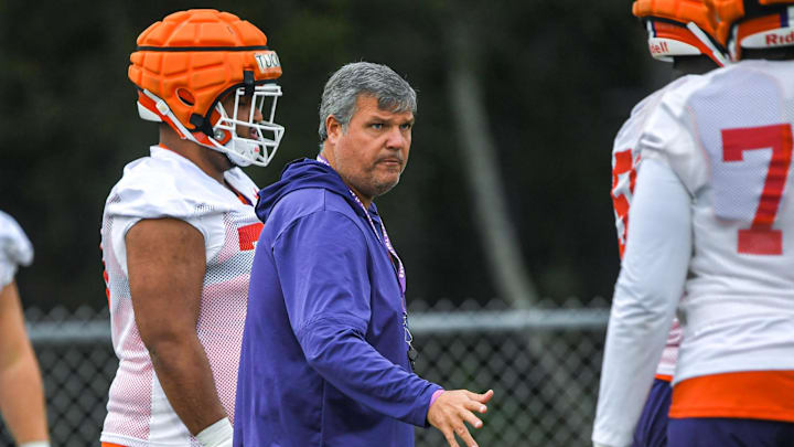 Clemson offensive line coach Matt Luke during Clemson football team practice before the Gator Bowl.