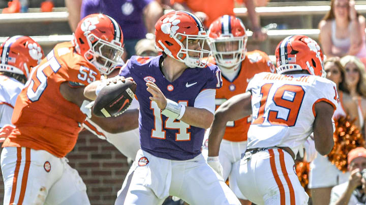 Clemson quarterback Trent Pearman (14) passes during the first quarter of the Spring football game