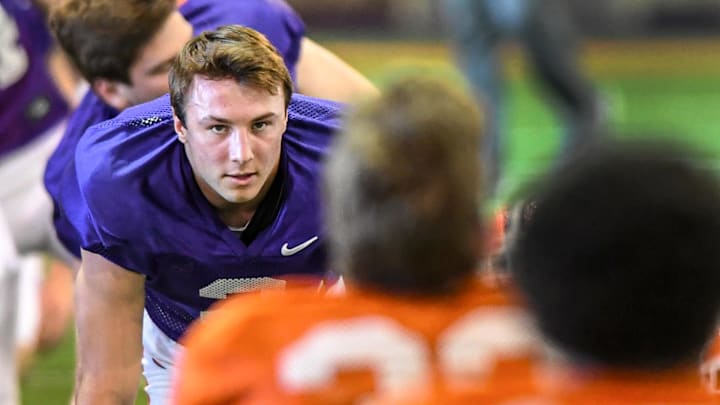 Clemson quarterback Cade Klubnik (2) stretches during Spring football practice 