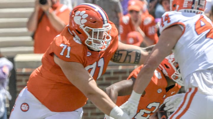 Clemson offensive lineman Tristan Leigh (71) blocks during the Spring football game in Clemson, S.C.