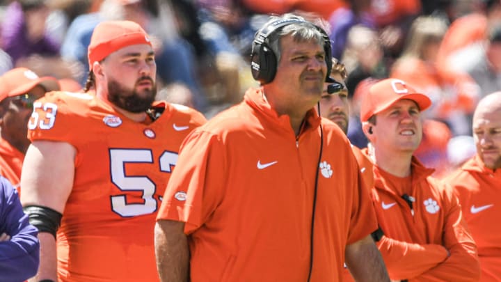 Clemson offensive line coach Matt Luke during the Spring football game in Clemson, S.C. Saturday, April 6, 2024.