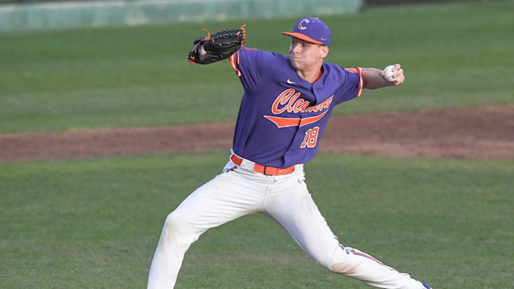 Clemson sophomore Tristan Smith (18) pitches in a scrimmage during preseason practice at Doug Kingsmore Stadium in Clemson, S.C. Friday, January 26, 2024.