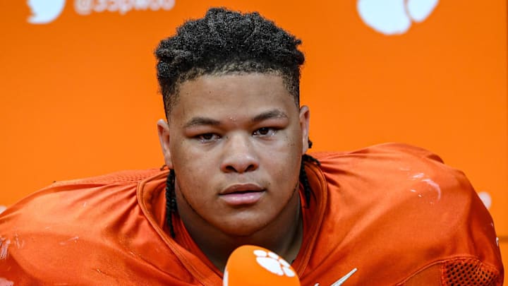 Clemson defensive lineman Peter Woods speaks with media during Spring football practice at the Poe Indoor Practice Facility at the Allen N. Reeves football complex in Clemson S.C. Monday, March 4, 2024.