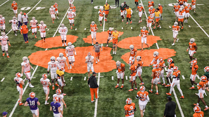 Mar 8, 2023; Clemson, South Carolina, USA; Clemson players gather at the paw before going outside the indoor facility, during the third day of spring practice at the football Complex. Mandatory Credit: Ken Ruinard-USA TODAY Sports