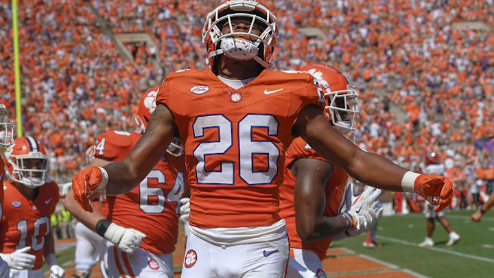 Sep 21, 2024; Clemson, South Carolina, USA; Clemson Tigers running back Jay Haynes (26) celebrates scoring against the North Carolina State Wolfpack during the second quarter at Memorial Stadium. Mandatory Credit: Ken Ruinard-Imagn Images