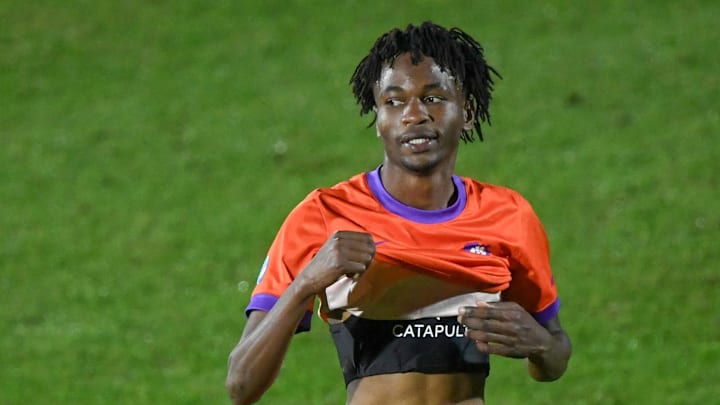 Clemson forward Wahabu Musah (7) celebrates as time expired after the NCAA Men's Division 1 Soccer Championship second round game with Providence College at Historic Riggs Field in Clemson, S.C. Sunday, November 24, 2024. Musah scored both goals in the Tigers 2-0 win.
