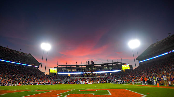 Nov 23, 2024; Clemson, South Carolina, USA; Sunset during a game between the Clemson Tigers and The Citadel Bulldogs at Memorial Stadium. Mandatory Credit: Ken Ruinard-Imagn Images