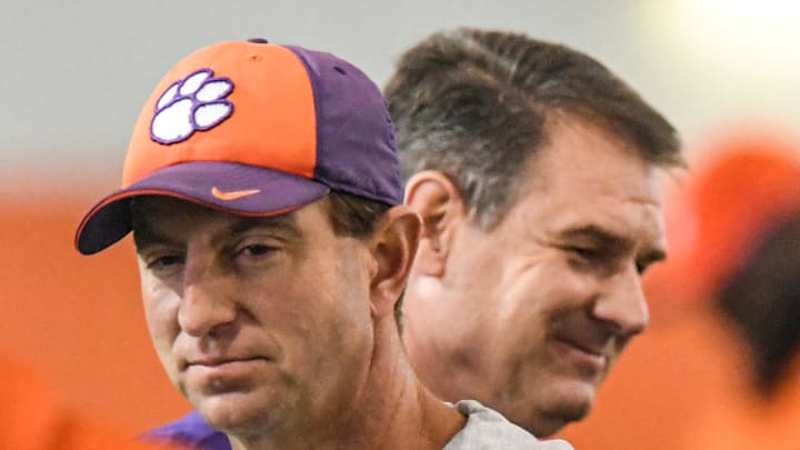Clemson head coach Dabo Swinney and new offensive analyst John Grass during practice at the Poe Indoor Facility in Clemson in Clemson, S.C. Friday, December 17, 2021.
Clemson Football Practice Dec 17 Friday Clemson head coach Dabo Swinney and new offensive analyst John Grass during practice at the Poe Indoor Facility in Clemson in Clemson, S.C. Friday, December 17, 2021.
Clemson Football Practice Dec 17 Friday